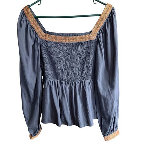 Strut And Bolt Top Milkmaid Peasant Prairie Blue Smocked Square Neck L - Picture 1 of 8